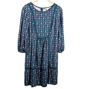 Boden‎ Luna Dress Women's 4 Green Floral 3/4 Sleeve Pockets Classic Prairie